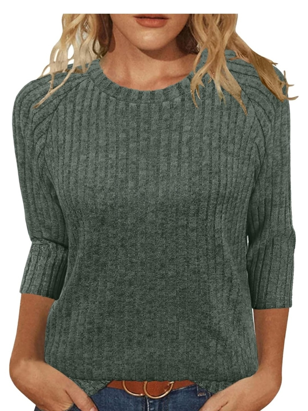 Ribbed Crewneck Sweater in Slate Green